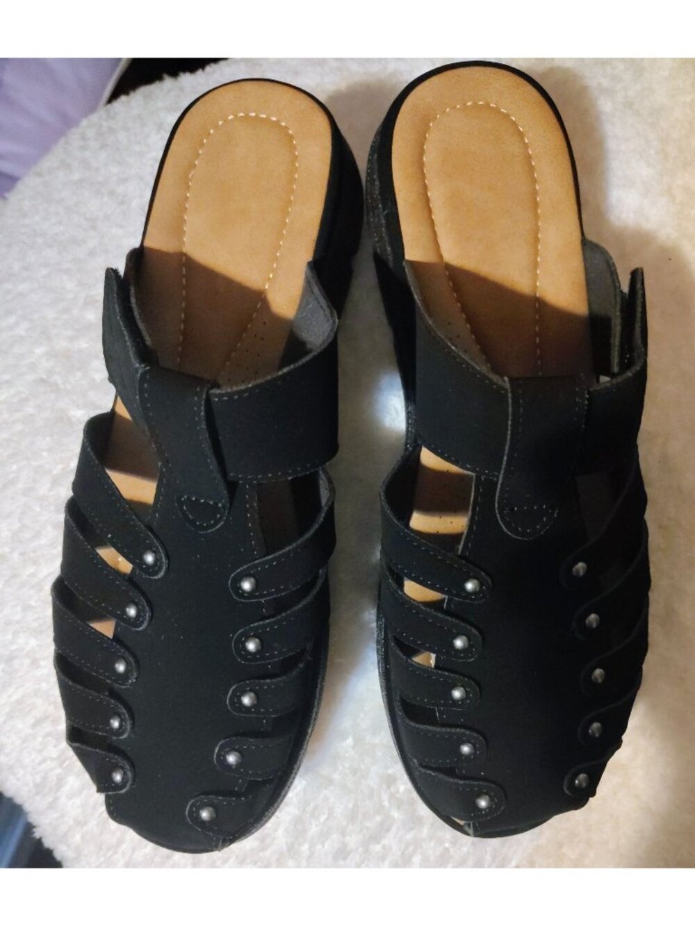 Black Strappy Sandals With Cushioned Insole & Stud Accents Size 9.5W For Women